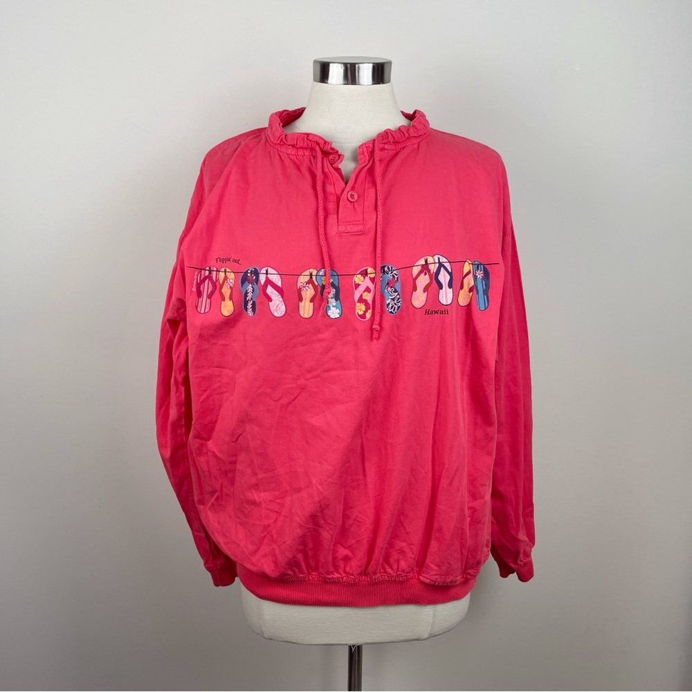 Crazy Shirts Hawaii Pink Yellow Red Flip Flops Long Sleeve Top Women Large